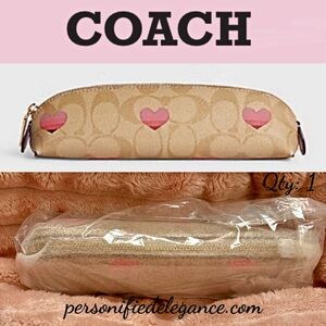 NEW Coach Signature Stripe Heart Light Khaki Pink Coated Canvas Pencil Case